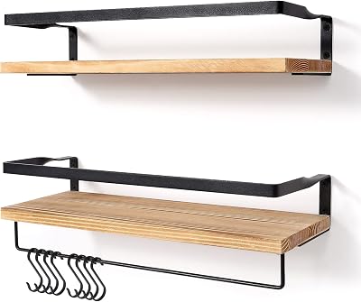 AGM Floating Shelves Wall Mounted Set of 2 with Towel Bar and Hooks
