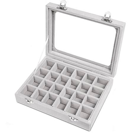 Basuwell 24 Grid Velvet Jewelry Tray For Drawers Glass Clear Lid