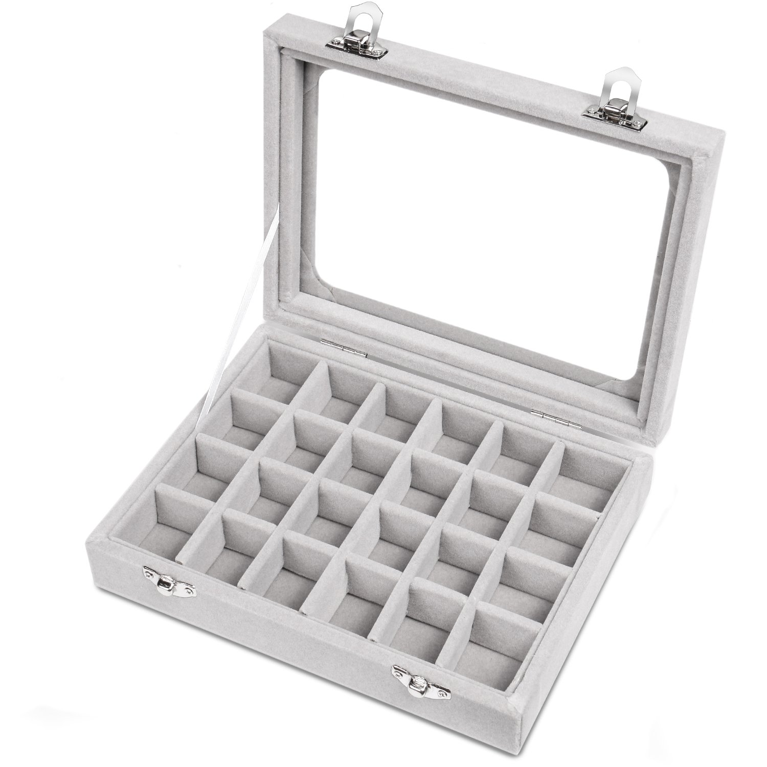 BASUWELL 24 Grid Velvet Jewelry Tray for Drawers Glass Clear Lid Showcase Display Storage Ring Trays Holder Earrings Organizer Case-Grey