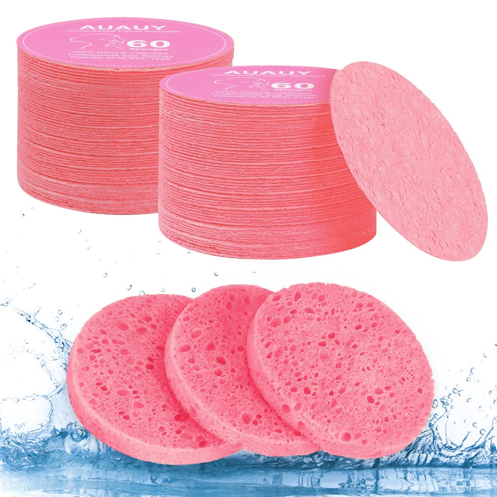 AUAUY Compressed Facial Sponges, 60 Count Cellulose Facial Sponges for Daily Cleansing, 100% Natural Wood Pulp Cotton Face Washing Sponge for Facial Cleansing, Exfoliating Mask, Makeup Removal