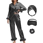 MORFORU Satin Pajama Set for Women Feather Trim Long Sleeve Pjs with Sleep Mask Headband Scrunchie Sleepwear Lounge Set