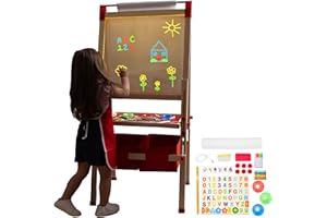 ACORN AVENUE Light Up Easel for Kids 3 -in-1 Magnetic Chalkboard, LED Drawing Board with Adjustable Height and Paper Roll, 86 Accessories – Wooden Art Easel for Kids Ages 4-8 Years Old