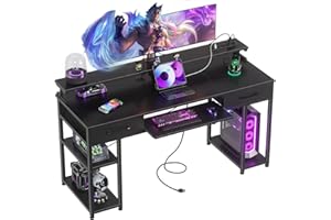 ODK 55 inch Computer Office Desk with USB Charging Port and Keyboard Tray, Writing Desk with 2 Drawers and Monitor Stand, Study Table with CPU Stand and Removable Shelf for Storage, Black