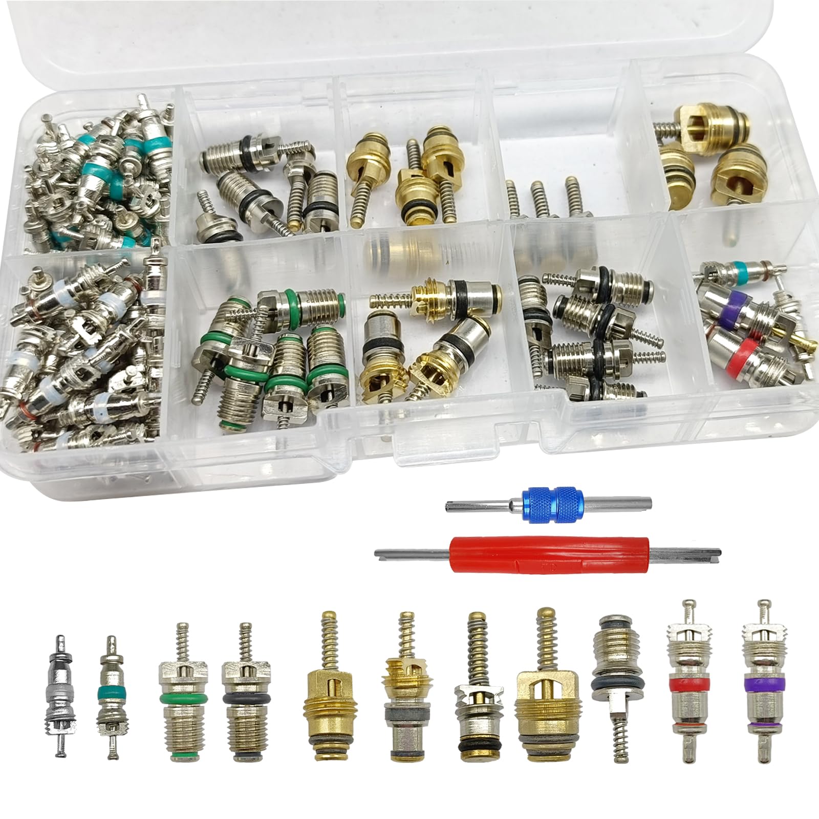 Photo 1 of 102Pcs Air Conditioning Valve Core Accessories Kit, A/C R12 R134a Refrigeration Tire Valve Stem with Double Head Dual Dismantling Remover Installer Tool Assortment Kit