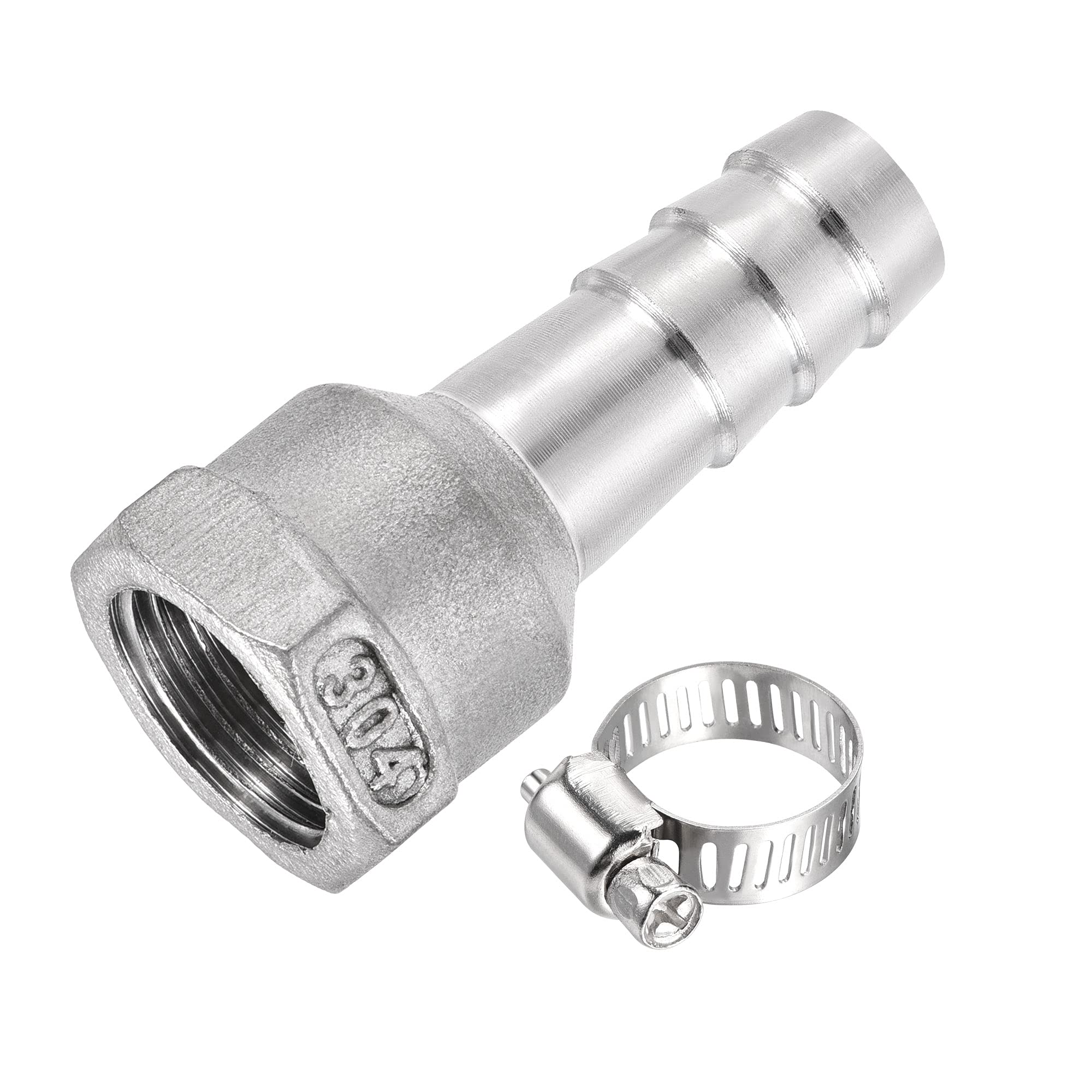sourcing map 304 Stainless Steel Barb Hose Fitting Connector Adapter 15mm Barb x 1/2PT Female Pipe with 13-19mm Hose Clamp