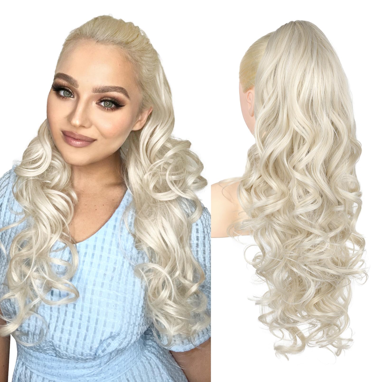 Photo 1 of REECHO Ponytail Extension, 26 Inch Drawstring Ponytail Extension Long Curly Wavy Pony Tails Hair Extensions Natural Fake Synthetic Clip in Ponytail Hairpiece for Women Daily, Platinum Blonde