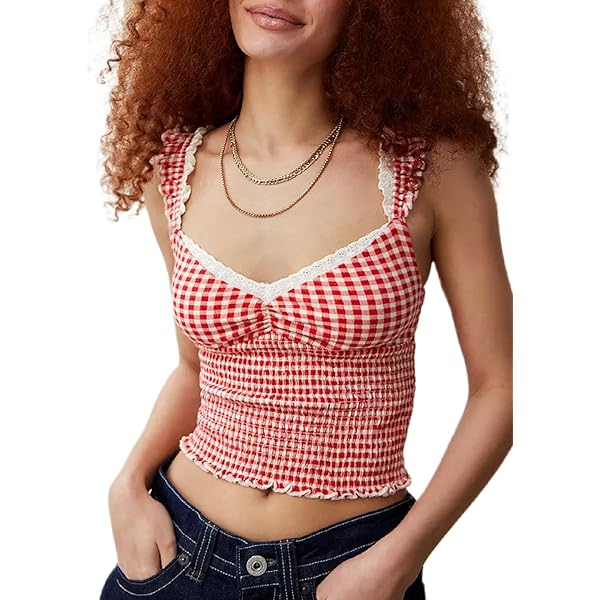 Women Y2k Cami Tank Plaid Print Ruffle Spaghetti Strap Top