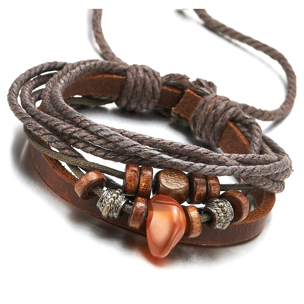 COOLSTEELANDBEYOND MultiStrand Mens Womens Brown Leather Cotton Wrap