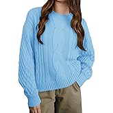 EGOCKAL Girls Cable Knit Sweaters Crewneck Lantern Long Sleeve Drop Shoulder Warm Jumpers for Kids Size 5-14Y