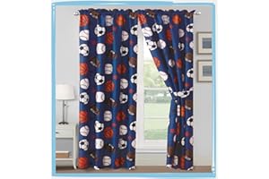WPM WORLD PRODUCTS MART WPM Sports Curtains for Boys Bedroom : 4 Piece Blue Curtain Set with Panel and tiebacks Football Soccer Baseball Basketball Fun Sports Design (Football, Curtain Set)