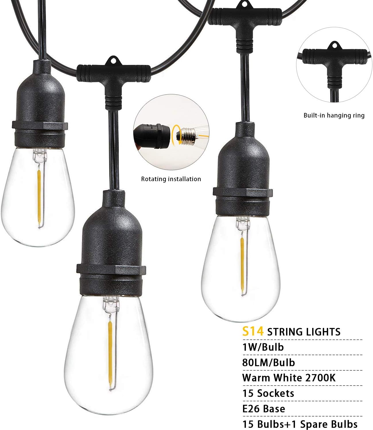 Bomcosy Led Outdoor String Lights,50FT with 15pcs E26 Socket,15+1pcs Shatterpoof S14 Edison Bulbs,1 Watt Dimmable 2700K, IP65 Waterproof, Commercial Grade Patio Lights: Home & Kitchen