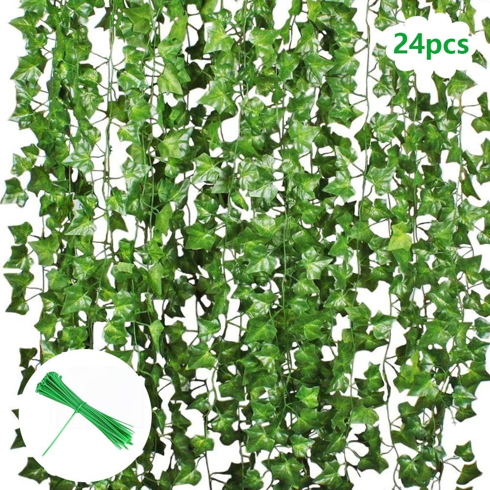 Artificial Ivy Vine Green Ivy Leaves Garland 24 Pack Each 82 inch Ivy Hanging Plant to Decorate Wall Fence Outdoor Garden for Wedding Party Christmas Equipped with 50 pcs Cable Ties