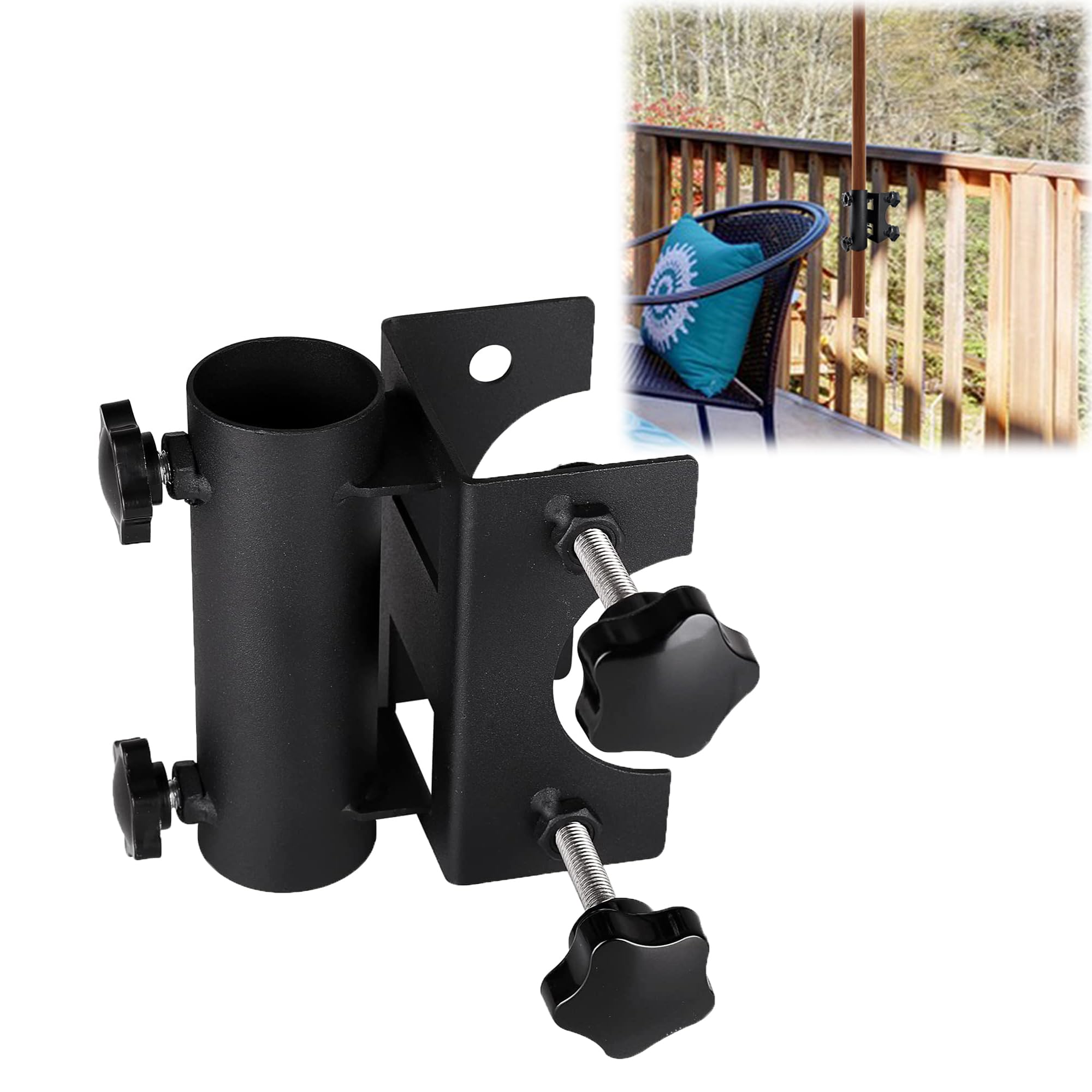 VANROUG Heavy Duty Balcony Umbrella Holder Clamp Garden Fence Parasol Decking Holding Bracket Stand,Clamping range(20mm-63mm),Umbrella Diameter(23mm-38mm)