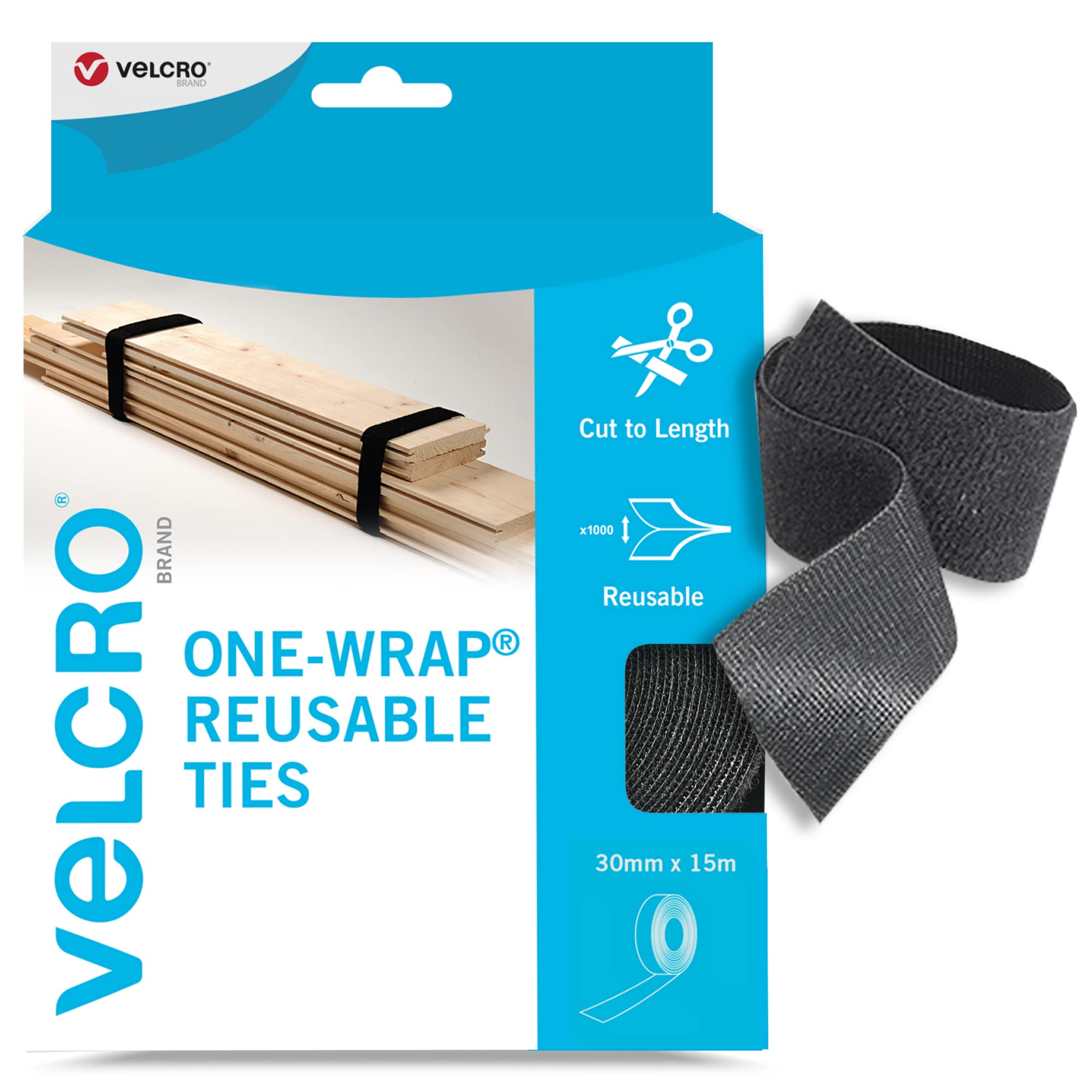 VELCRO® Brand | One-Wrap Reusable Ties | Multi-Purpose Ties Perfect Desk Accessories for Cable Management & Home Improvement | Black | 30mm x 15m