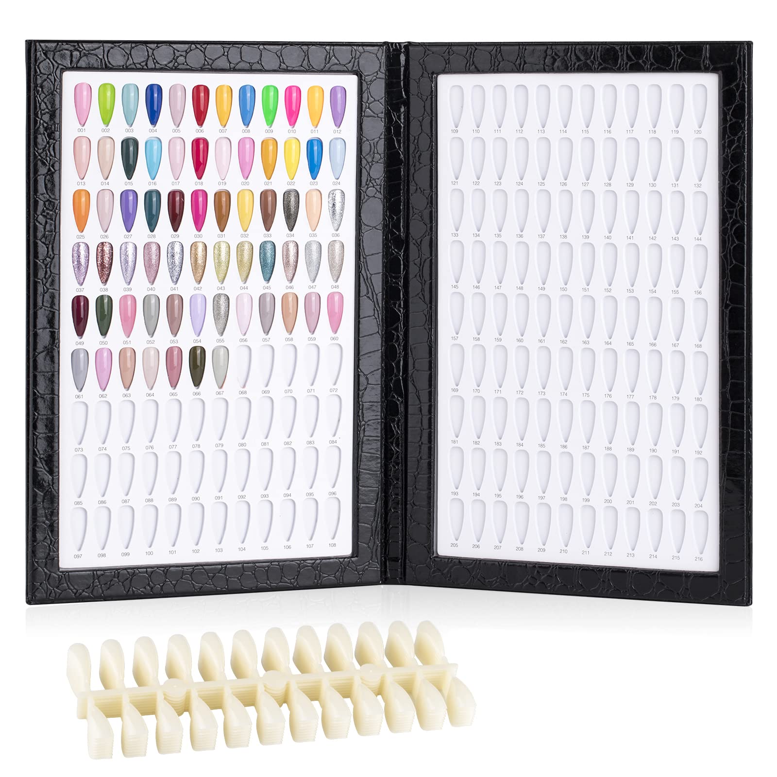 BNG Professional Color Chart with 216 Nail Colors, 240 False Tips for Salon Art, Black Leather Display Card