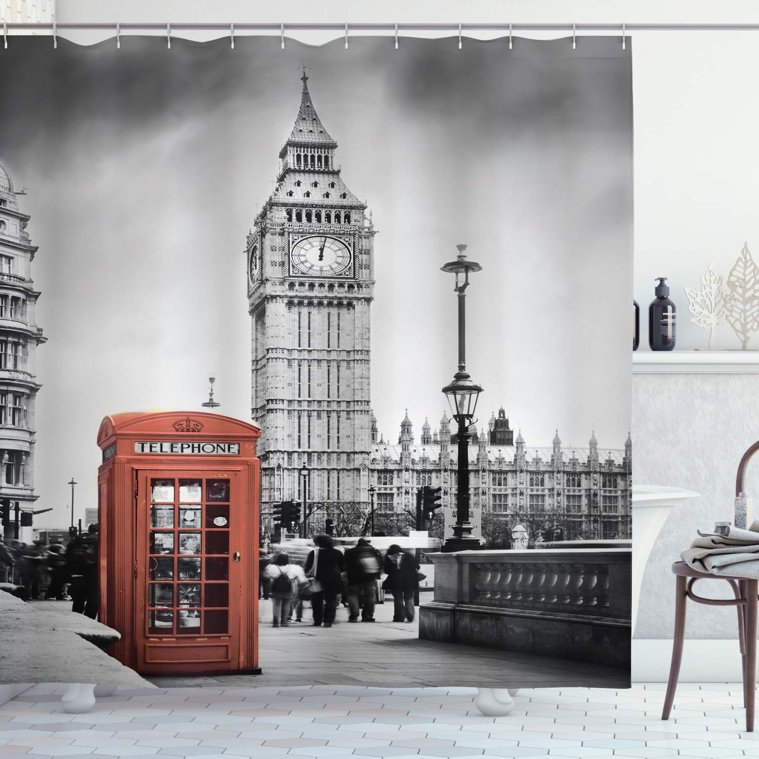ABAKUHAUS London Shower Curtain, Famous Telephone Booth and the Big Ben in England Street View of Town Retro, Cloth Fabric Bathroom Decor Set with Hooks, 86 Inches Extra Long, Red Grey