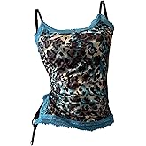 SweatyRocks Women's Cheetah Print Tank Tops Lace Camisole Spaghetti Strap Ruched Asymmetrical Y2K Shirts
