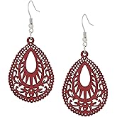 MINACHI Bohemian Hollow Cut-Out Wood Leather Dangle Drop Earrings, Boho Chic Hippie Statement Jewelry Gift for Women