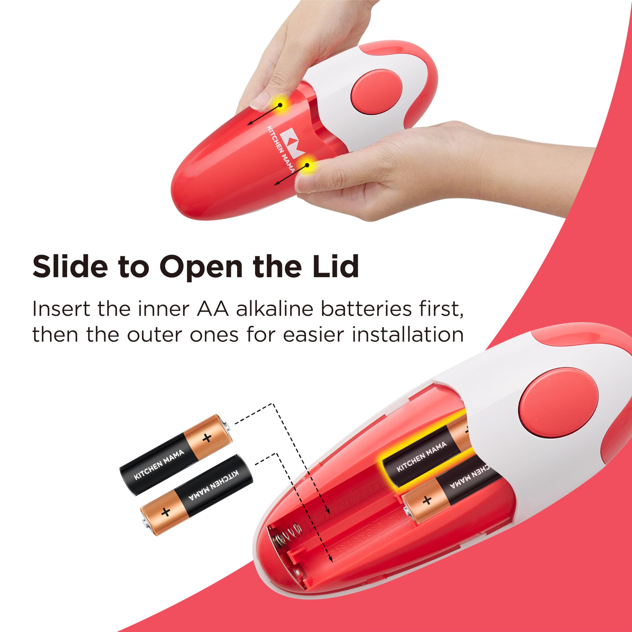 Kitchen Mama Auto Electric Can Opener: Open Your Cans with A Simple Press of Button - Automatic, Hands Free, Smooth Edge, Battery Operated, YES YOU CAN (Red)