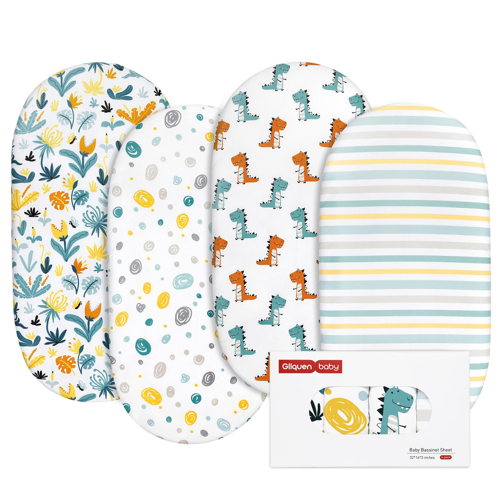 Photo 1 of Gllquen Baby Bassinet Sheets 4 Pack, Breathable Cozy Fitted Mattress Sheet, Elastic Travel Crib Fashionable Floral Pattern, Standard Cradle Safe Sheets for Baby Boys Girls 32"x16"(Dinosaur)
