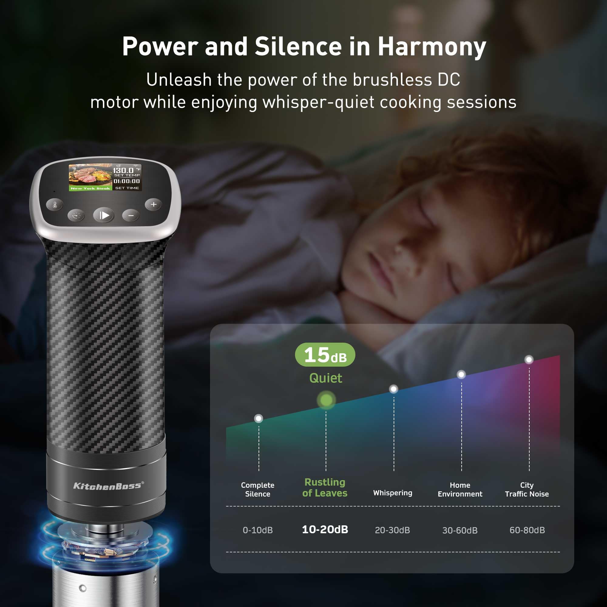 KitchenBoss Wifi Sous Vide Cooker: Sous Vide Machine Ultra-quiet 1100W Precision Cooking Machine Built-in TFT Recipes, IPX7 Waterproof Immersion Circulator Precise Temperature Control, Carbon Black