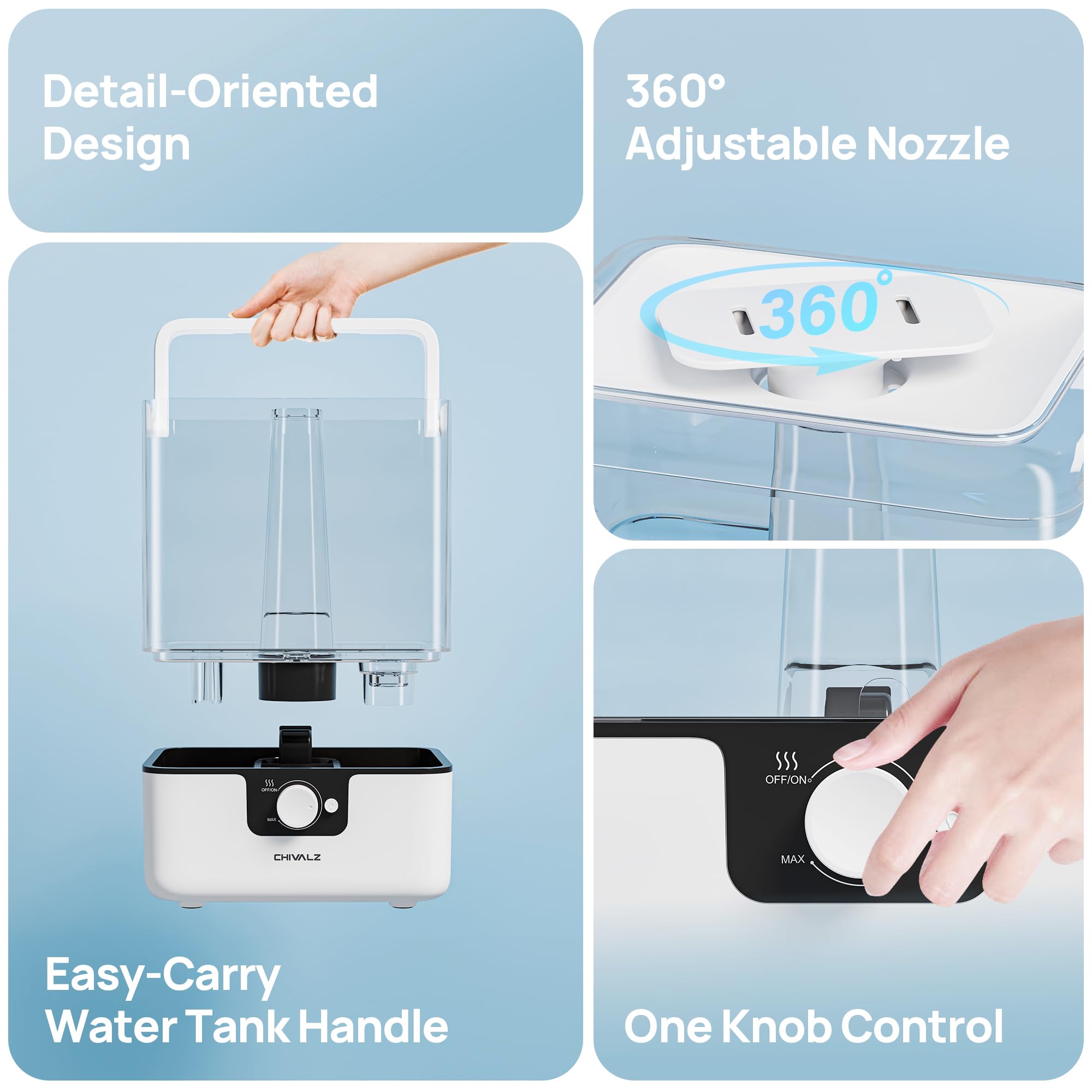 CHIVALZ 6L Humidifiers for Bedroom Large Room Home, Cool Mist Top Fill Humidifiers for Baby Nursery and Plants, 26dB Quiet, Nightlight, Up to 50 Hours, Oil Diffuser 1 Pack + 2 Mist Outlets White