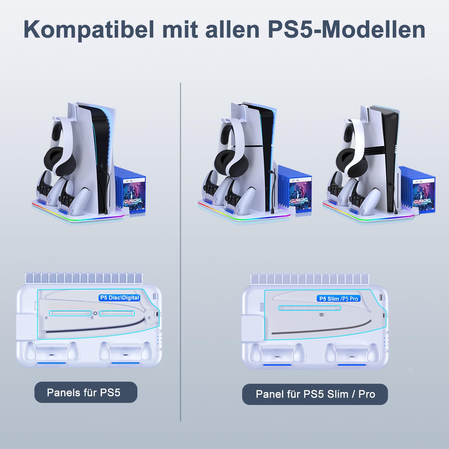 PS5 Stand Kühlständer für PS5/PS5 Slim/PS5 Pro, ps 5 ständer mit 3 Stufen Lüfter/RGB, Dual ps5 Controller Ladestation/Headset Halter/USB-Anschluss/15 Game-Slots, PS5-Zubehör,Weiß 3