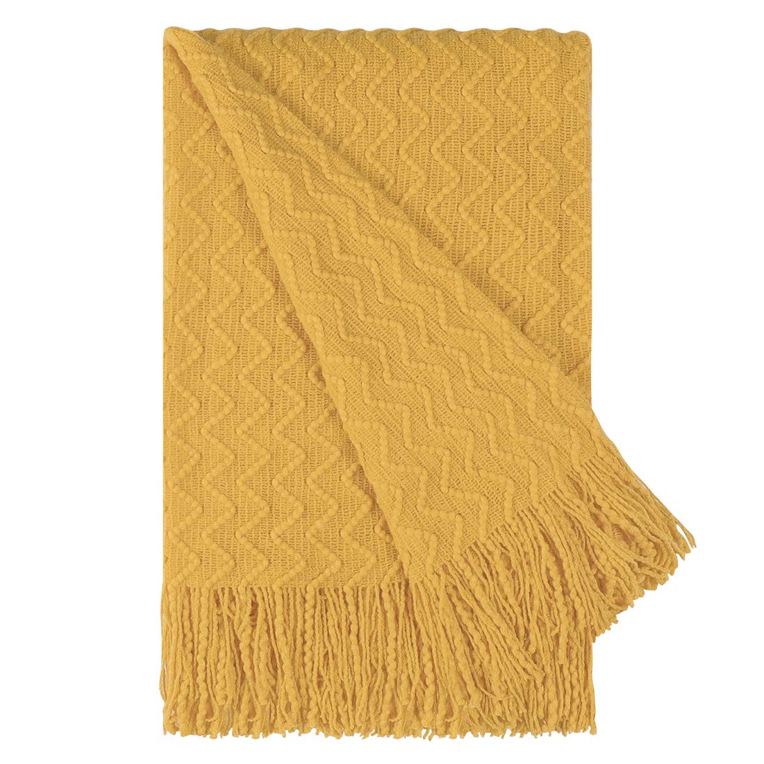 PiccoCasa 100% Acrylic Knit Throw Blanket Wave Pattern Soft Lightweight Decorative Knitted Blanket with Tassels Fringe for Couch, Bed, Sofa, Travel, 50x60 Inch, Ginger