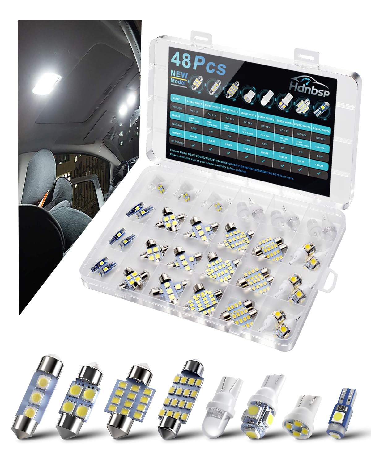 Photo 1 of 48Pcs Led Interior Car Lights Kit, Premium Bright White Led Bulb (194 T10 T5 De3175 578 31mm 42mm) | Dome Map Dash Door License Plate Tail Light Bulbs, Interior Lights for Cars, Trucks, Rv, Boat
