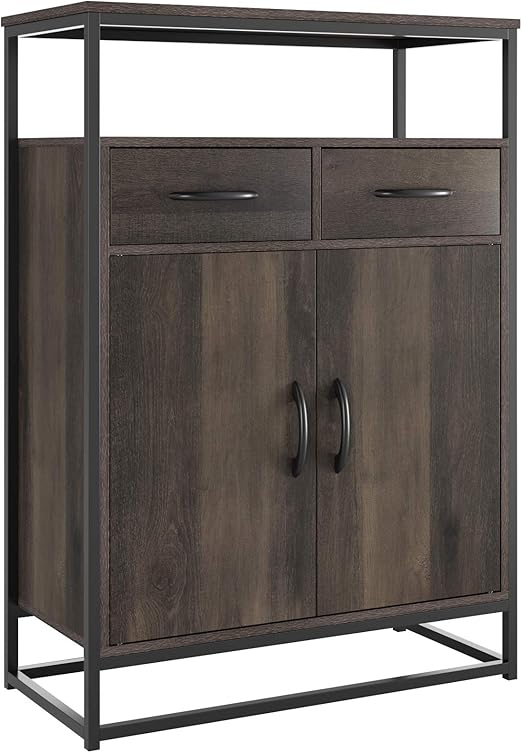 Amazon Com Homecho Side Storage Cabinet Industrial Floor Standing Cabinet With 2 Fabric Drawers Cupboard Sideboard With Shelves And Doors Home Office Dark Brown Kitchen Dining