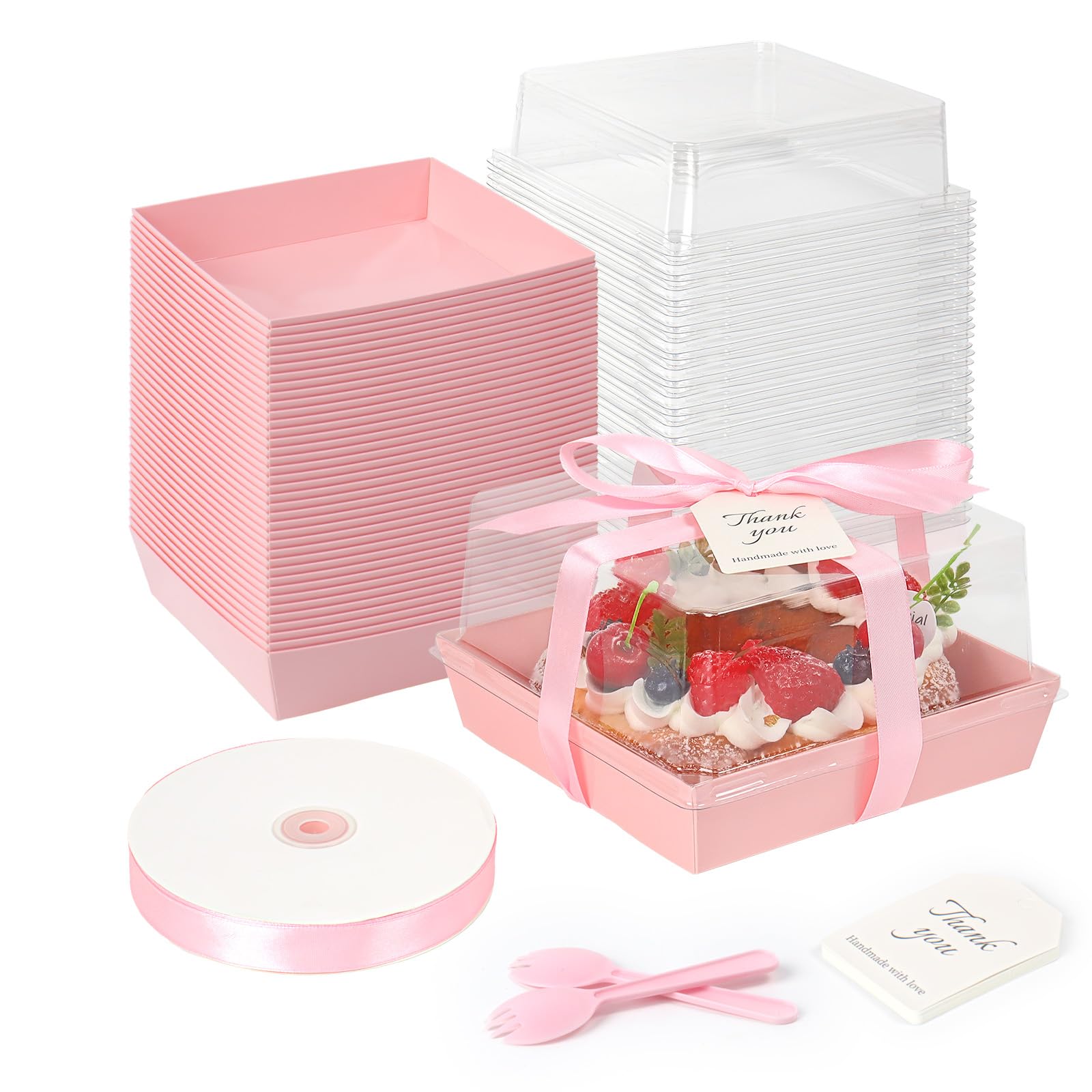 Photo 1 of 7 x 7 x 4 Inches Paper Cake Boxes with Clear Lids, 50 Pack Pink Large Charcuterie Square Food Containers, Mother's Day Disposable Bakery Boxes for 4-6 Inch Bundt Cake, Pie, Dessert