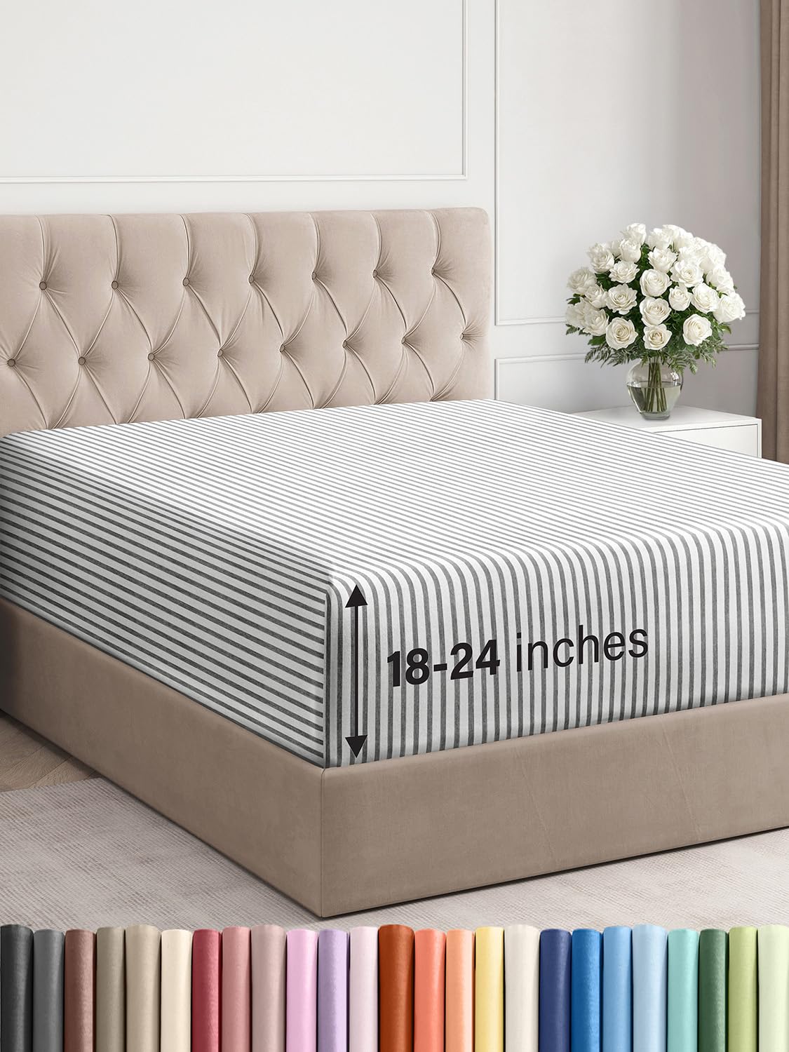 Photo 1 of Extra Deep King Fitted Sheet - Hotel Luxury Single Fitted Sheet Only - Easily Fits 18 inch to 24 inch Mattress - Ultra Soft, Wrinkle Free with Extra Deep Pockets - Breathable & Comfy - Grey Stripes