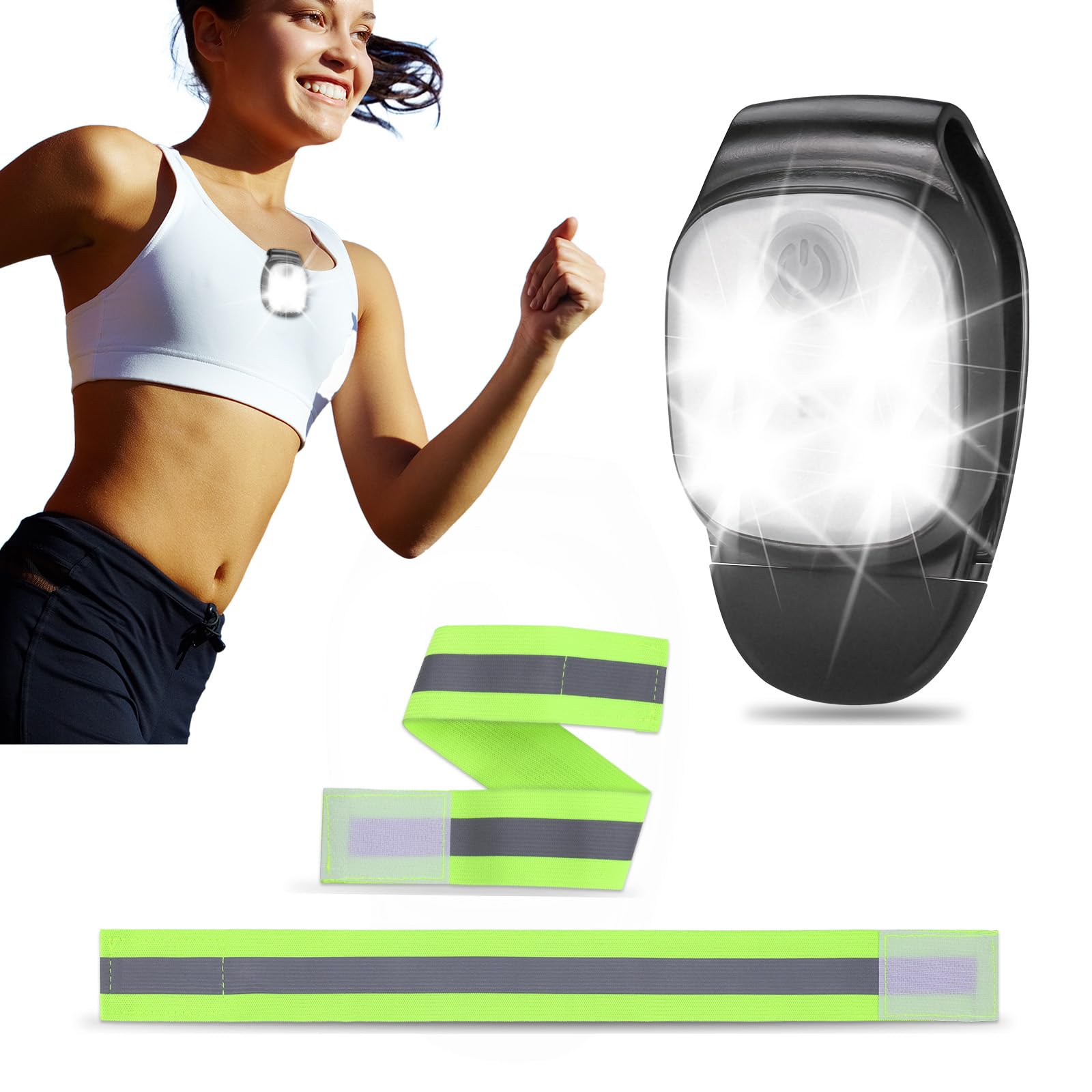 JIZZU Running Light, USB Rechargeable LED Outdoor Night Clip-on Running Lights with 2 Pcs Reflective Strips, Super Bright Walking Light Torch for Runner,Joggers,Camping, Hiking,Dog Walk