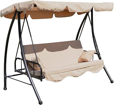 Outsunny Outdoor 2 In 1 Patio Swing Chair Lounger 3 Seater Garden Bench Hammock Bed Convertible Tilt Canopy W Cushion Beige Amazon Co Uk Garden Outdoors