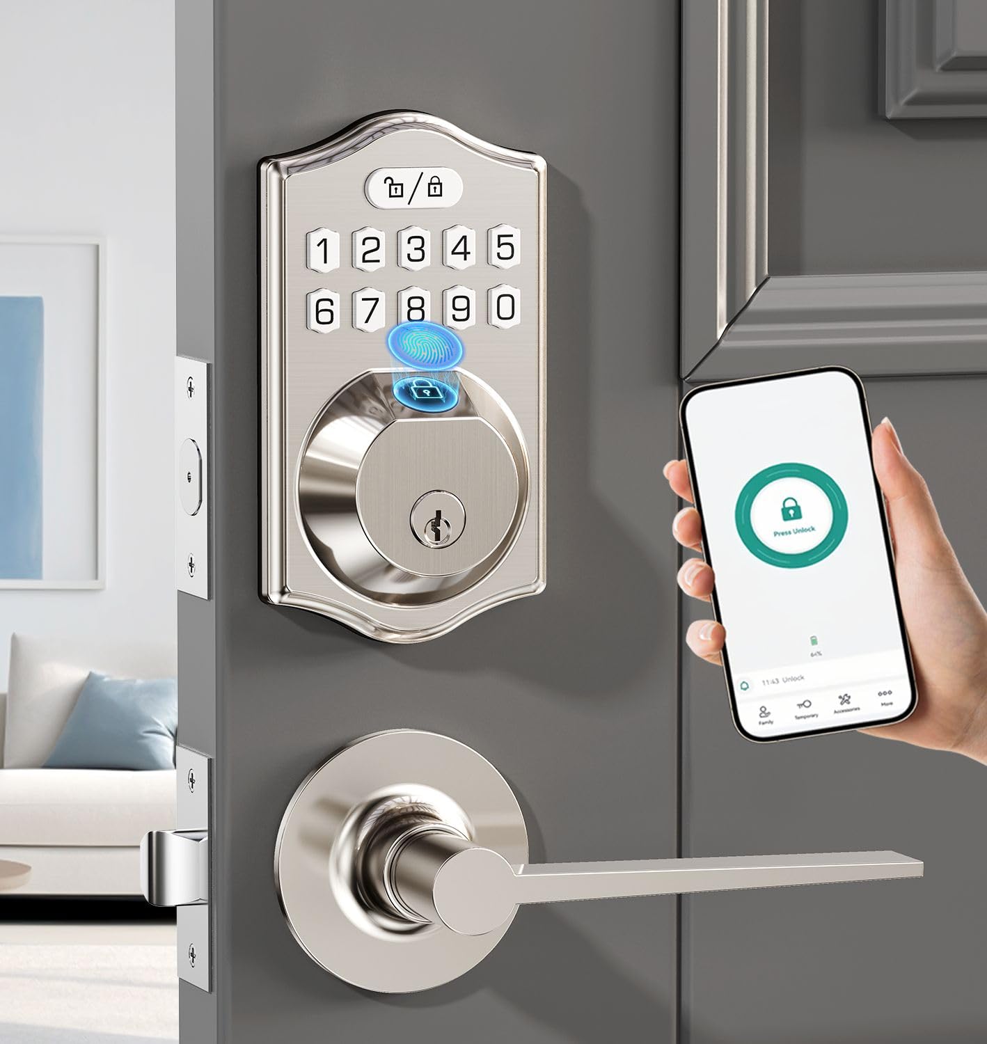 Photo 1 of keyless Entry Door Lock deadbolt with Handle Set- Front Door Fingerprint Smart Locks with 2 Lever Handles-Keypad Code Deadbolt -App Control,Auto Lock,Easy to Install