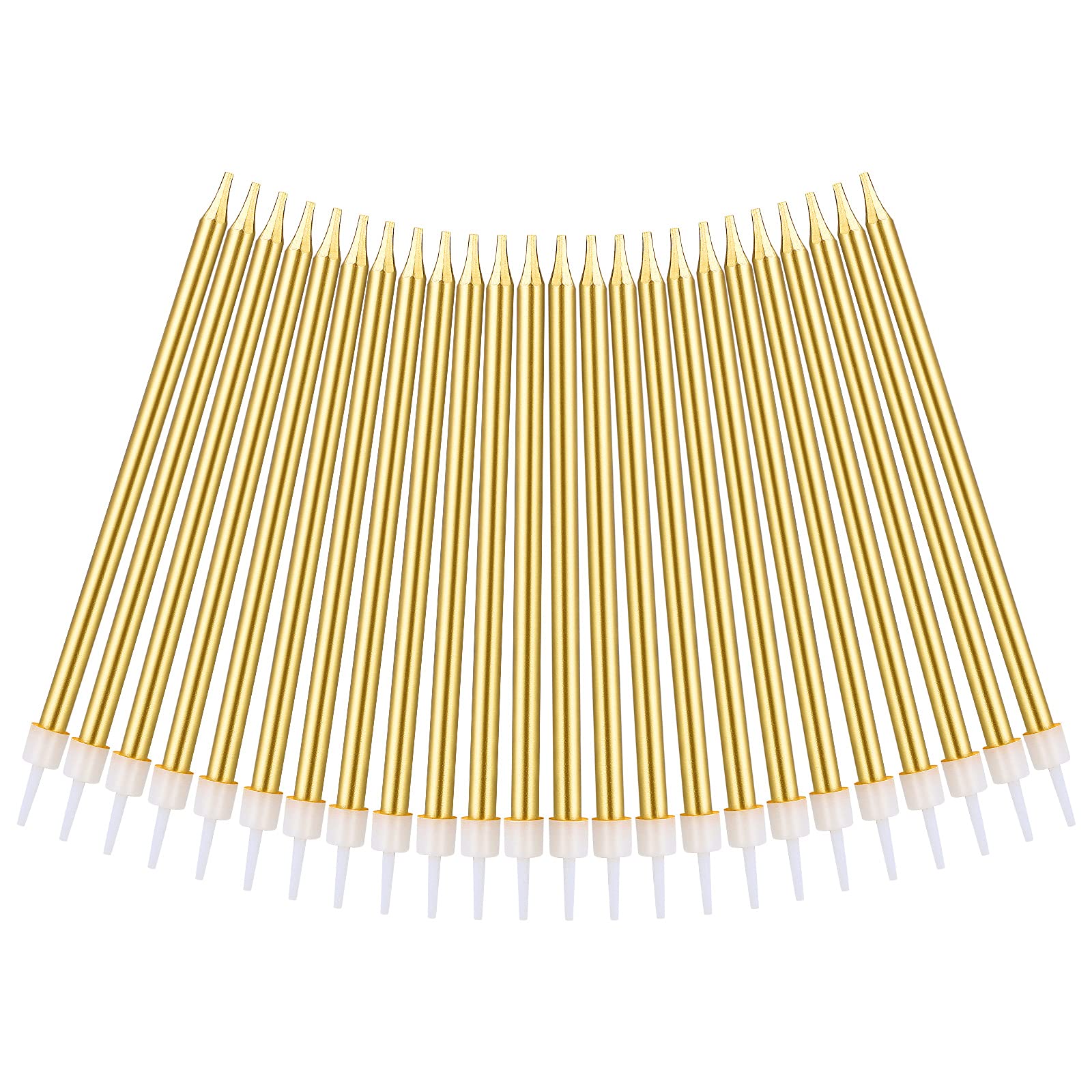 URAQT Metallic Birthday Candles, 24 Pcs Champagne Gold, 5.1 Inch Long Thin Candles with Holders for Cake Decoration