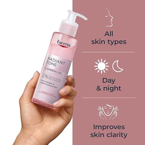 EUCERIN RADIANT TONE FACE CLEANSER GEL WITH 2% EXFOLIATING AHA COMPLEX, GENTLE FACE WASH IMPROVES SKIN CLARITY AND BOOSTS RADIANCE, ALL SKIN TYPES, 6.8 FL OZ BOTTLE