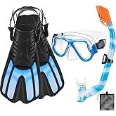 CTSAYTL Snorkeling Gear for Kids Ages 3-14, 4 in 1 Mask Fins Snorkel Set with Panoramic View Anti Fog Mask, Dry Top Snorkel, Trek Fins and Travel Bag, Kids Snorkel Set for Snorkeling Swimming