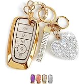 Nomiyo Key Fob Cover with Diamond Bling Keychain for Women, Compatible with Ford Fusion Escape Expedition Explorer Edge F150 F250 F350 etc, TPU Key Case and Elegant Heart Key Chain (White, 1PCS)