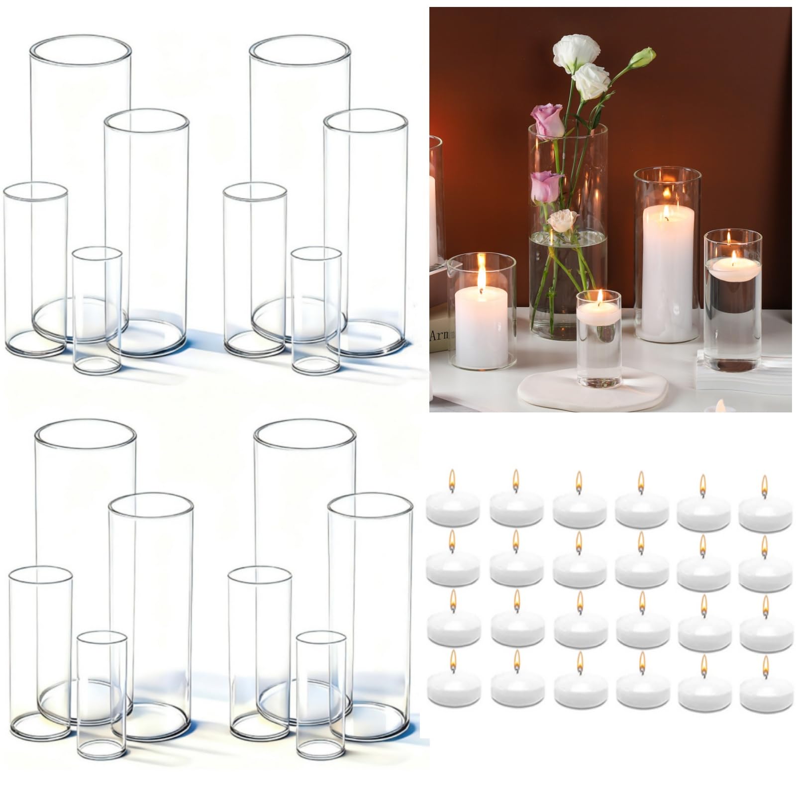 Photo 1 of UDU Set of 16 Cylinder Glass Vases and 24 Pcs Floating Candles for Centerpiece, 4,6,8,10 Inch Tall Clear Hurricane Candle Holder Glass Vases for Centerpiece Table Wedding Home Decor