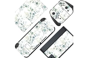 ROIPIN Black Skin Compatible with Nintendo Switch, Protective Film Sticker for Nintendo for Switch Console & Joy-Con Controller & Dock Protection Kit (Green Leaves)