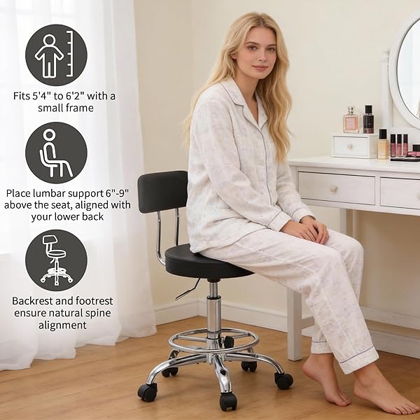 FIRAVOE ROLLING STOOL WITH BACK,ADJUSTABLE HEIGHT FOOT REST ROLLING SALON CHAIR 19.5″-26.6″,BLACK ERGONOMIC STOOL (BLACK)
