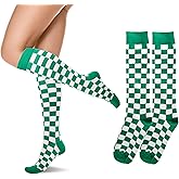 woosnscly Cotton Knee High Socks for Women Girls Checkered Plaid Pattern Athletic Socks Cute Knit Green and White Long Socks Knee Highs Stockings 1 Pack