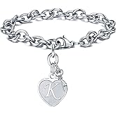 M MOOHAM Valentines Gifts for Kids Girls - Engraved 26 Letters Initial Charms Bracelet Stainless Steel Bracelet Birthday Christmas Jewelry Gift for Women Teen Girls