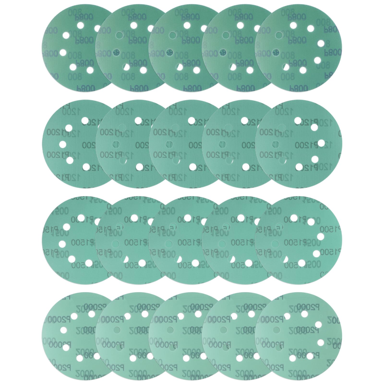 Kozelo 20pcs Green Film Sanding Discs - [5 Inch 800/1200/1500/2000 Grits 8 Hole ] Round Aluminum Oxide Hook & Loop Wet Dry Sander Pads for Wood Metal Polishing Use
