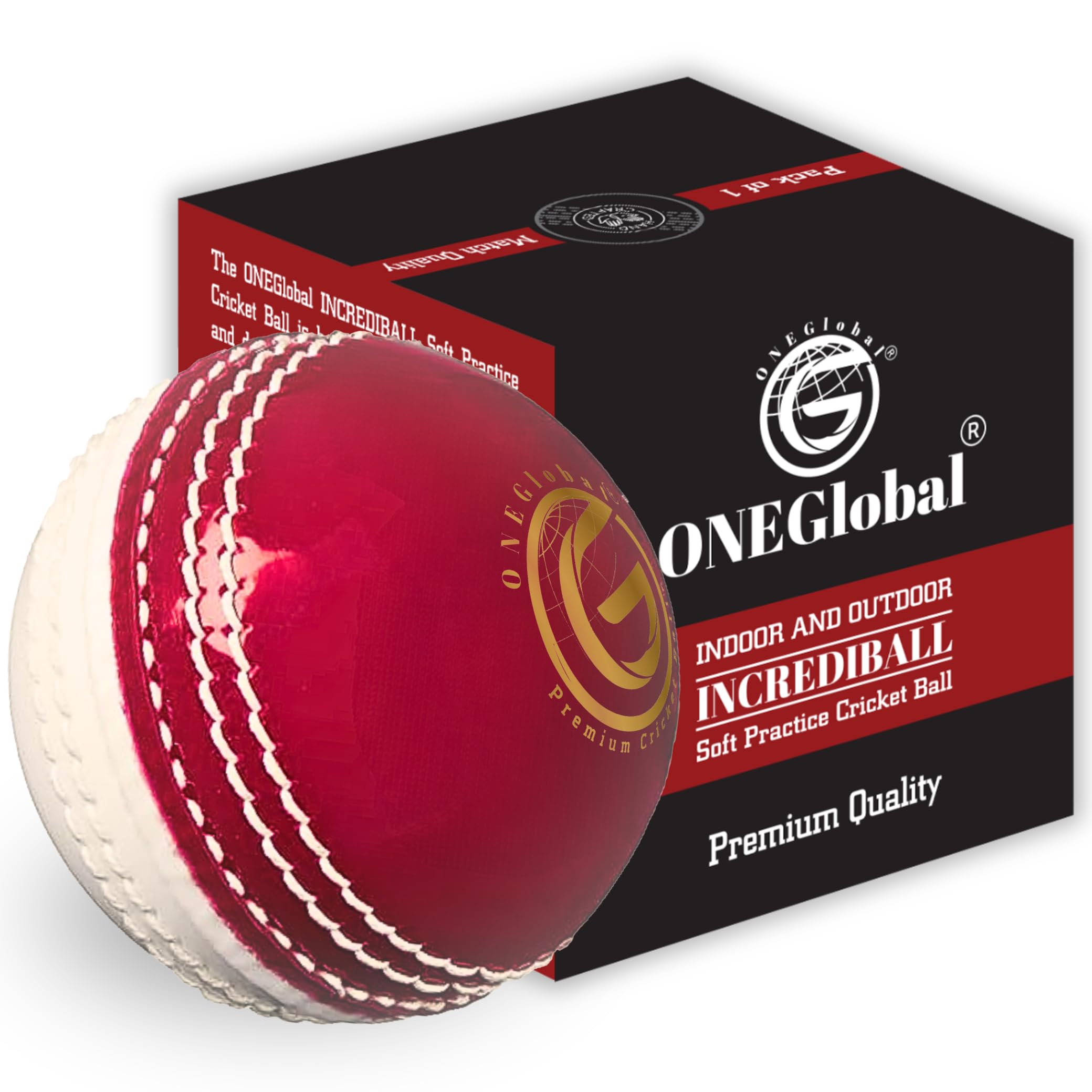 ONEGlobal Incrediball Soft Practice Cricket Ball | Outdoor & Indoor Rubber Cricket Ball With Core & Stitched Seam | For Practice, Training & Family Fun | Senior & Junior Size (1 Red&White, Senior)
