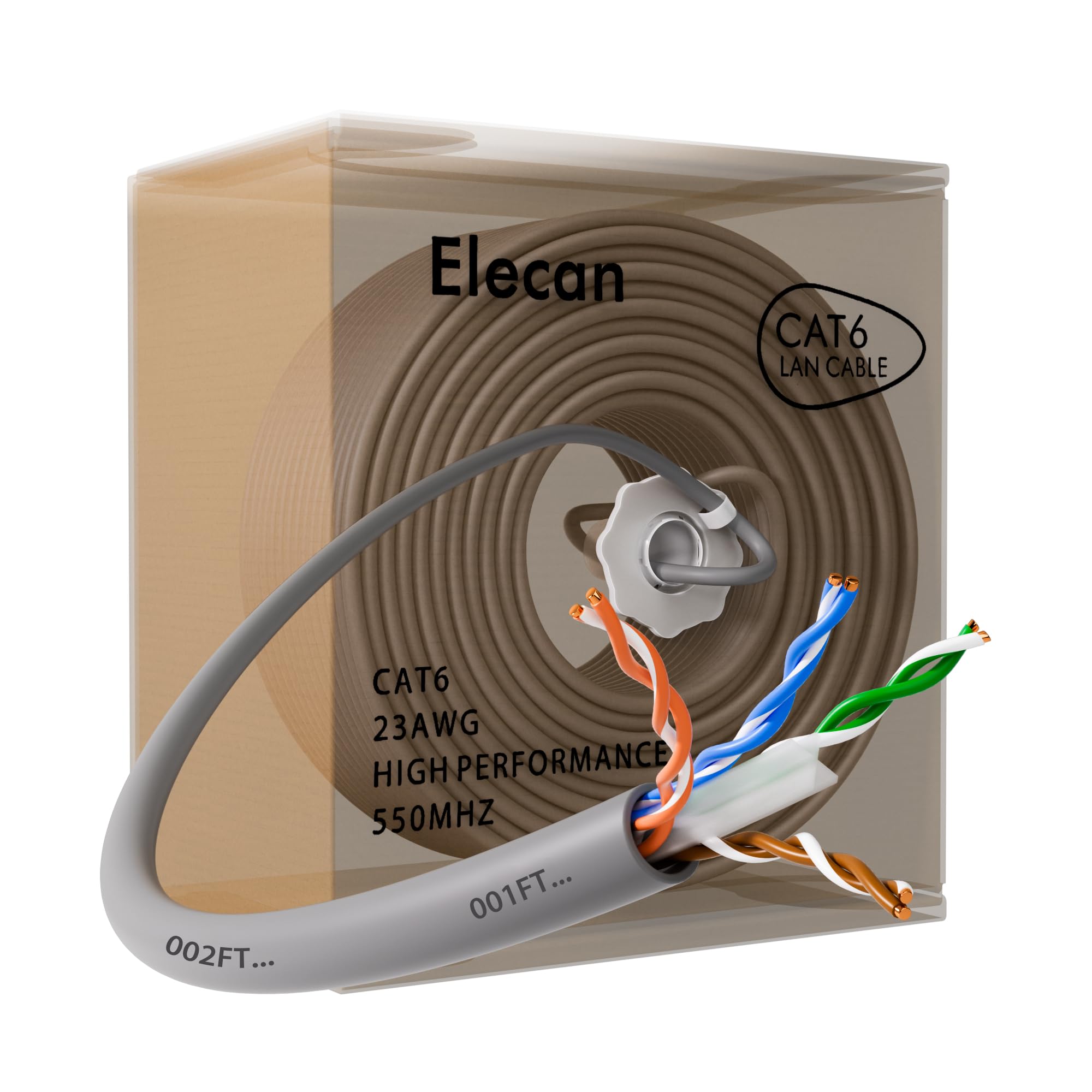 Photo 1 of Elecan Bulk Cat 6 Ethernet Cable 300 Ft Gray, Easy Pull Box, Solid 23AWG Oxygen Free Copper, 10Gbps 550Mhz, POE, Soft Flexible Smooth Tangle-Free UTP Internet Network LAN Cable-Running FT Count-CMR