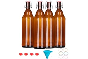 32 oz Amber Swing Top Bottles- 4 Pack Glass Beer Bottles with Airtight Rubber Seal Flip Caps for Kombucha, Home Brewing, Beer