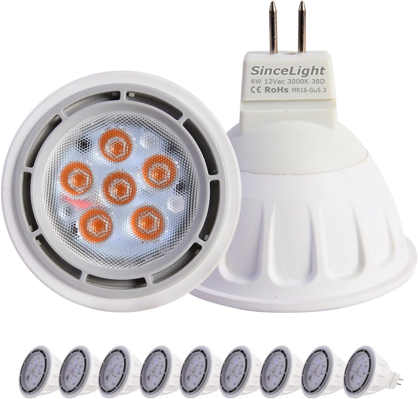SinceLight LED MR16 Spot Light Bulb 6W With Gu5.3 Base / 12V / Warm White 3000K / Non-Dimmable / 50W Halogen Equivalent / 38 Degree Beam / 9 PiecesPack