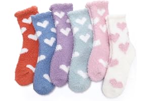 Guiqulai 6 Pairs Fluffy Socks for Women 6 Color Heart Print Thick Warm House Socks for Home, Sleep, Indoor, Slipper (Size 5-9